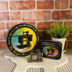 Singer Sowing Machine Black Metal Tin Storage Boxes Bristol Ware & Mini clock